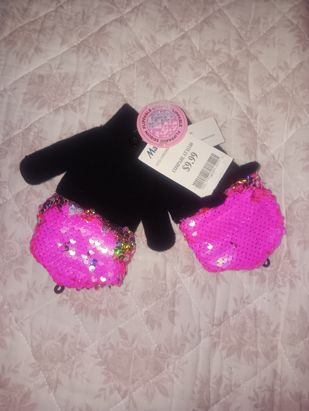 Juicy Couture Black Knit Kids Mittens with Hot Pink Reversible Sequins